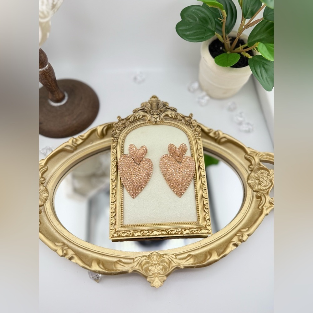 Statement Heart Earrings | Champagne Gold-Tone Rhinestone Drop Dangles - Picture 6 of 11